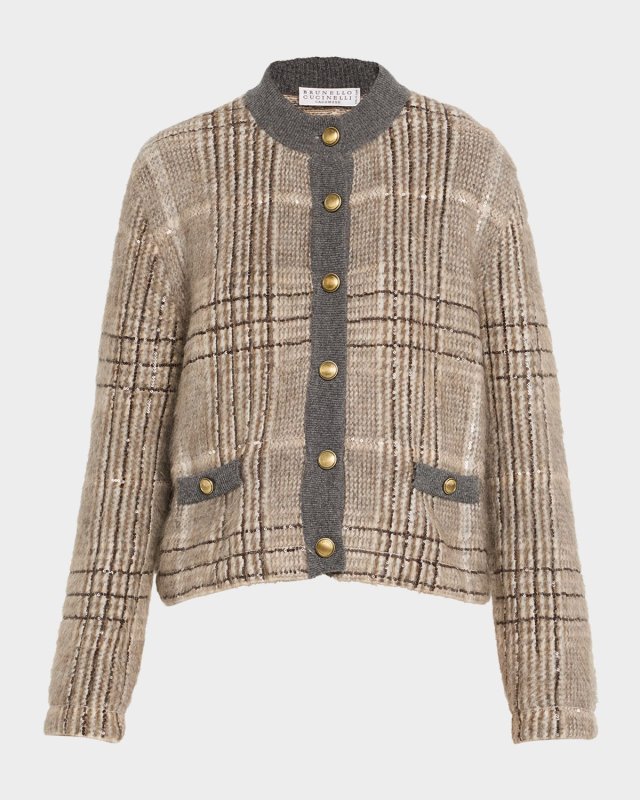 Cashmere-Mohair Paillette Check Jacquard Cardigan